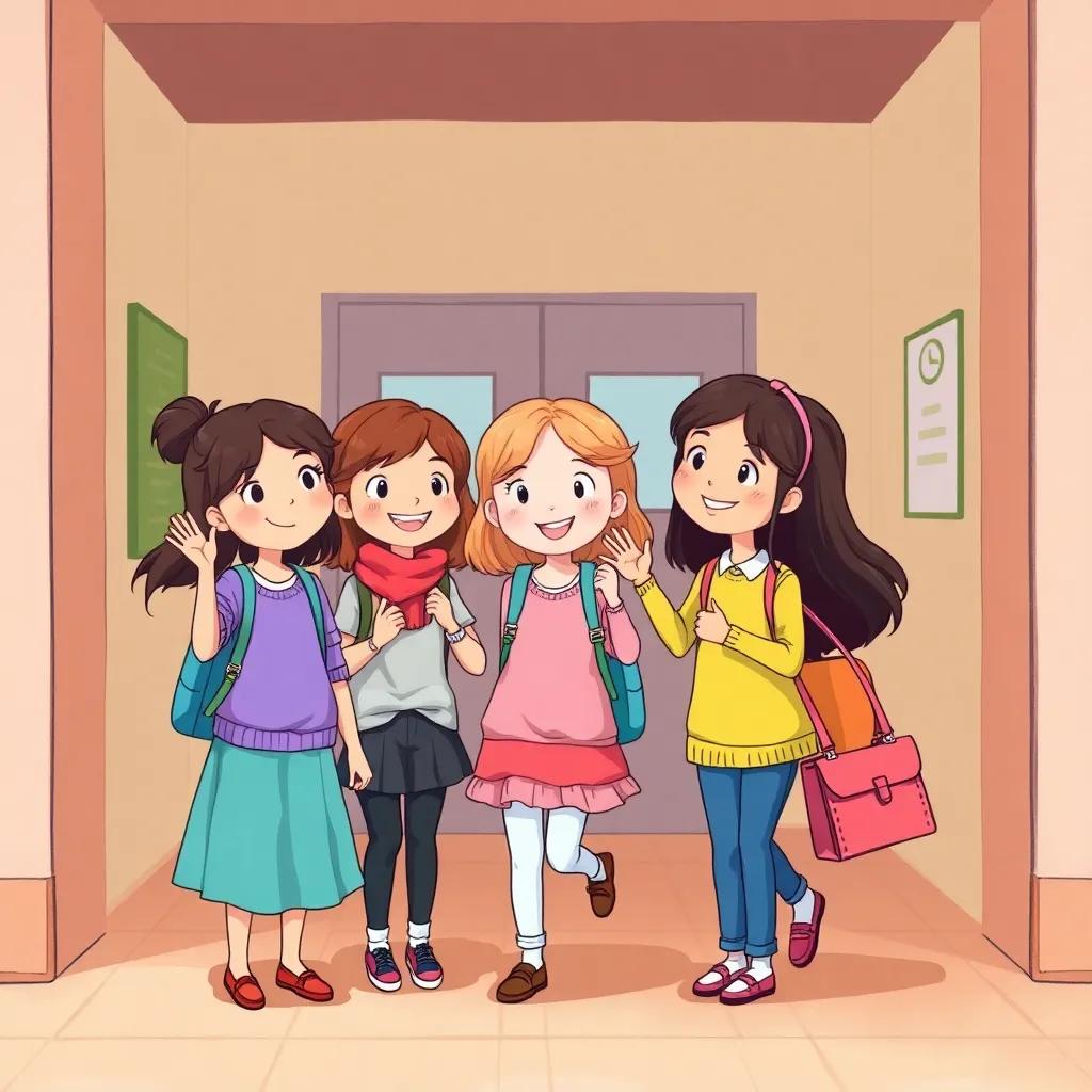 An illustration of the girls happily saying goodbye to each other at the end of the school day, smiling and waving, school background, friendly and warm tone, colorful
