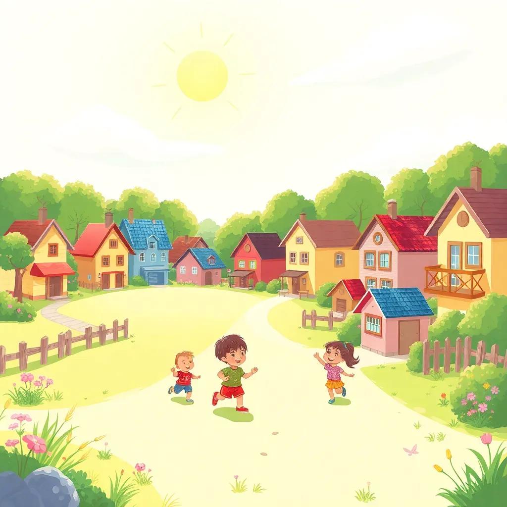 A small village with a sunny sky, children playing in a grassy area, colorful houses in the background, cheerful atmosphere, digital art, vibrant colors, inviting scene, high quality