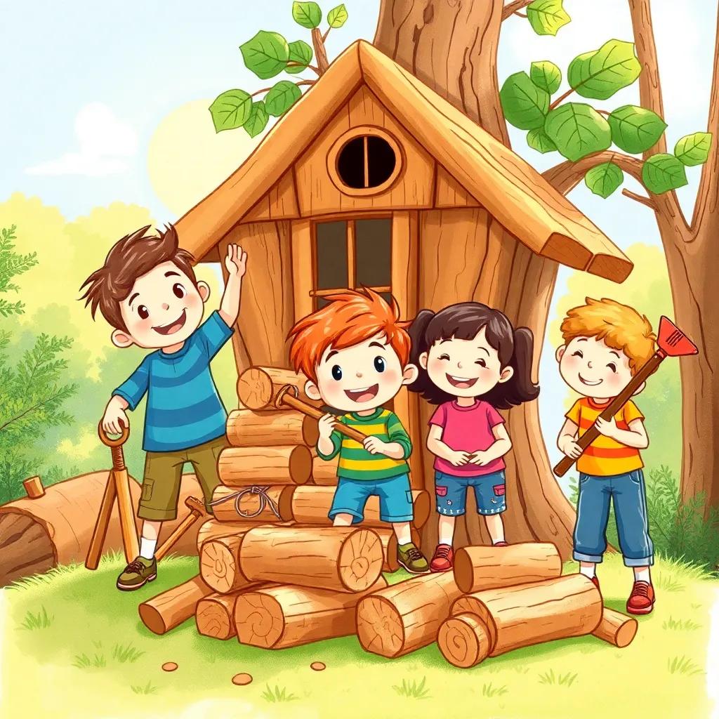 A group of children, including Sami, with joyful expressions, collecting wood and tools, working together on building a tree house, bright sunlight, happy teamwork, illustration, child-friendly