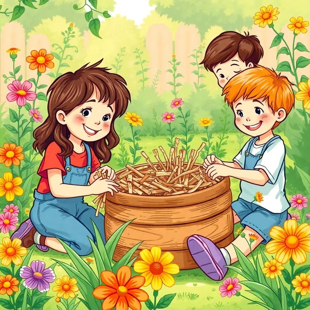 Children happily gathering materials from the garden, smiling, collaborating, adding excitement to their project, with bright flowers around, colorful artwork, lively scene, high quality