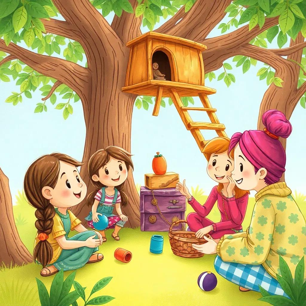 Sami smiling while working with friends, exchanging ideas about where to place things, a tree-house structure emerging, a sense of fun and cooperation, lively colors, friendly vibes