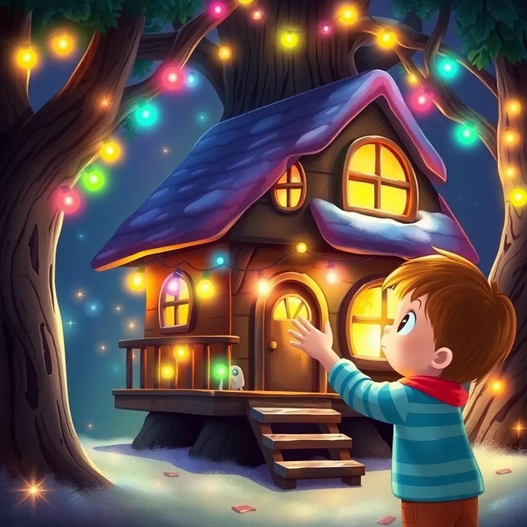 Children placing colorful lights on the finished tree house, looking amazed, with a glowing ambiance around, magical feeling, digital painting, warm lights, inviting atmosphere, high quality