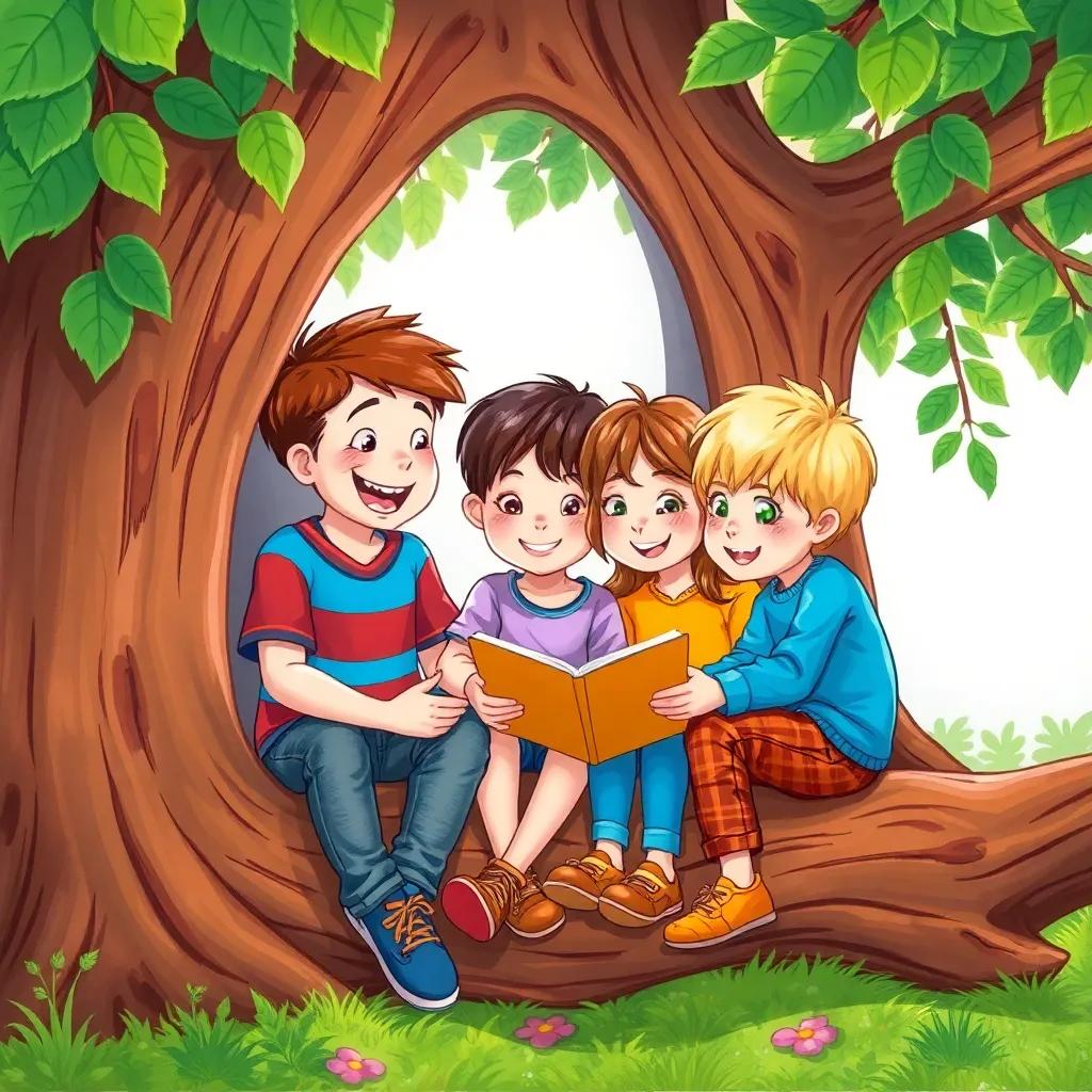 Children sitting in the tree house, planning the next game together, excitement in their faces, artistic representation, bright and colorful scene