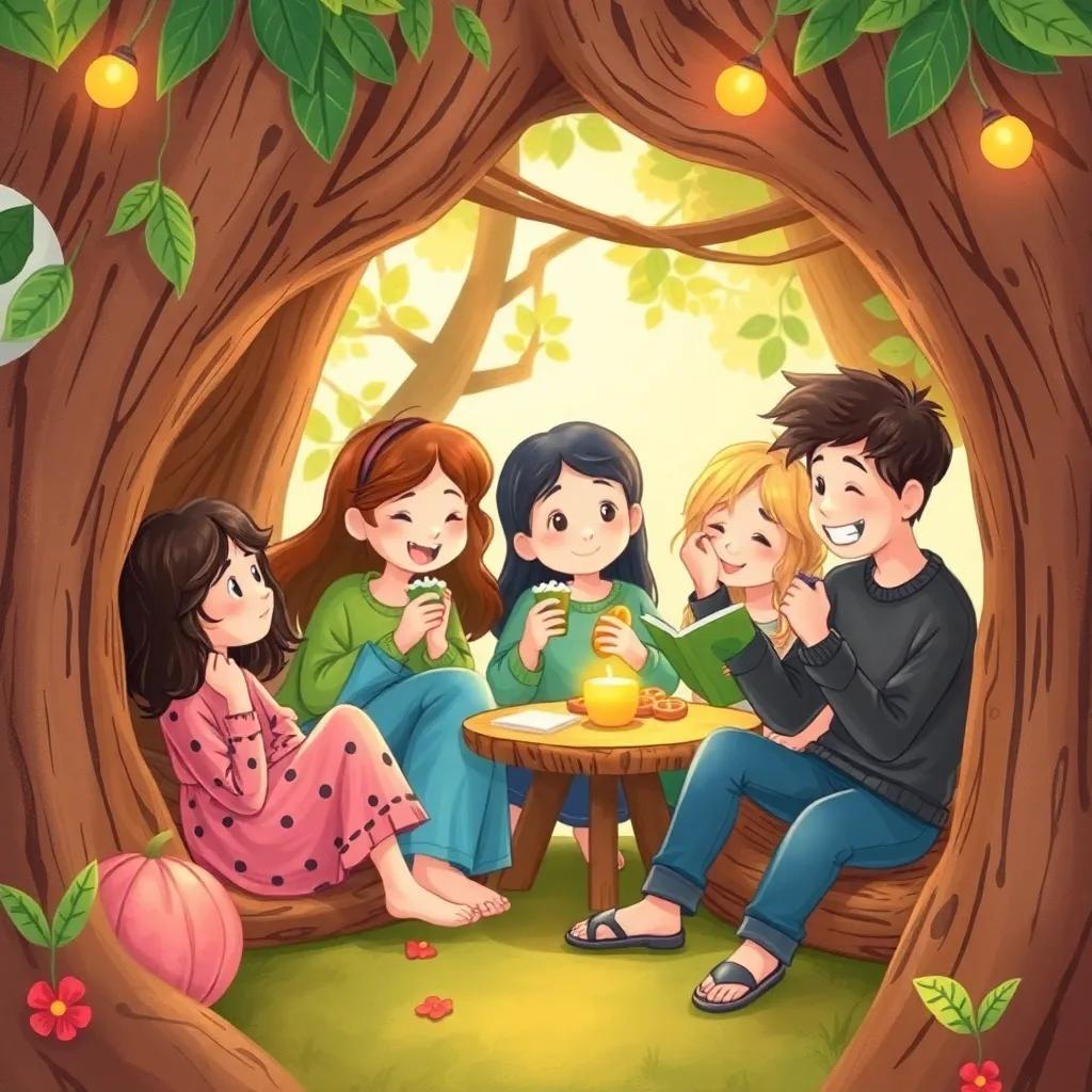 The group enjoying a snack together, relaxing in the tree house, sharing food and stories, charming and cozy scene, soft colors, delightful atmosphere, high quality