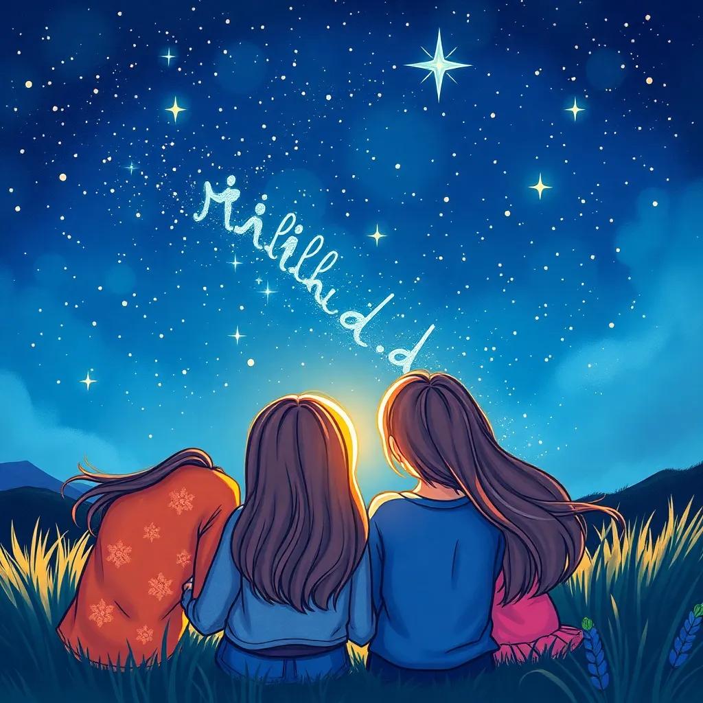A beautiful view of the friends under a starry sky, reflecting on the day, showing happiness in their eyes, artistic depiction, magical night scene, vibrant colors, inviting mood