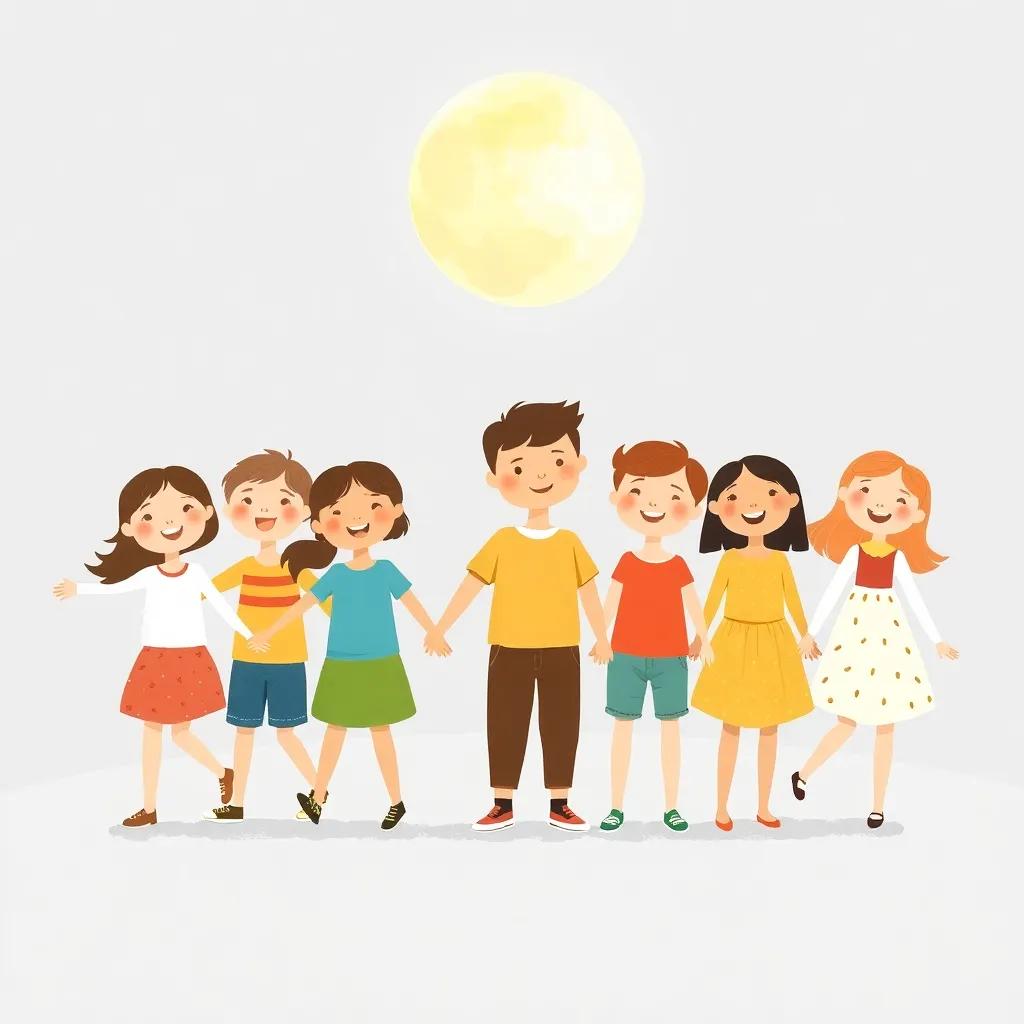 The group of friends, hand in hand, under a bright moon, illustrating their friendship and teamwork, unified in joy, child-friendly illustration, warm colors, heartwarming atmosphere
