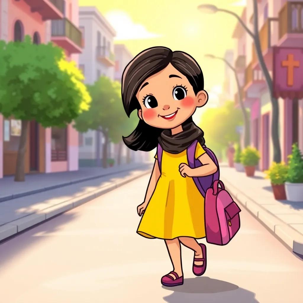 A sunny morning scene with Lena, a young Arab girl with dark hair wearing a bright school dress, walking happily down the street with her small backpack, cheerful and bright atmosphere, digital art, vibrant colors, warm sunlight, high quality