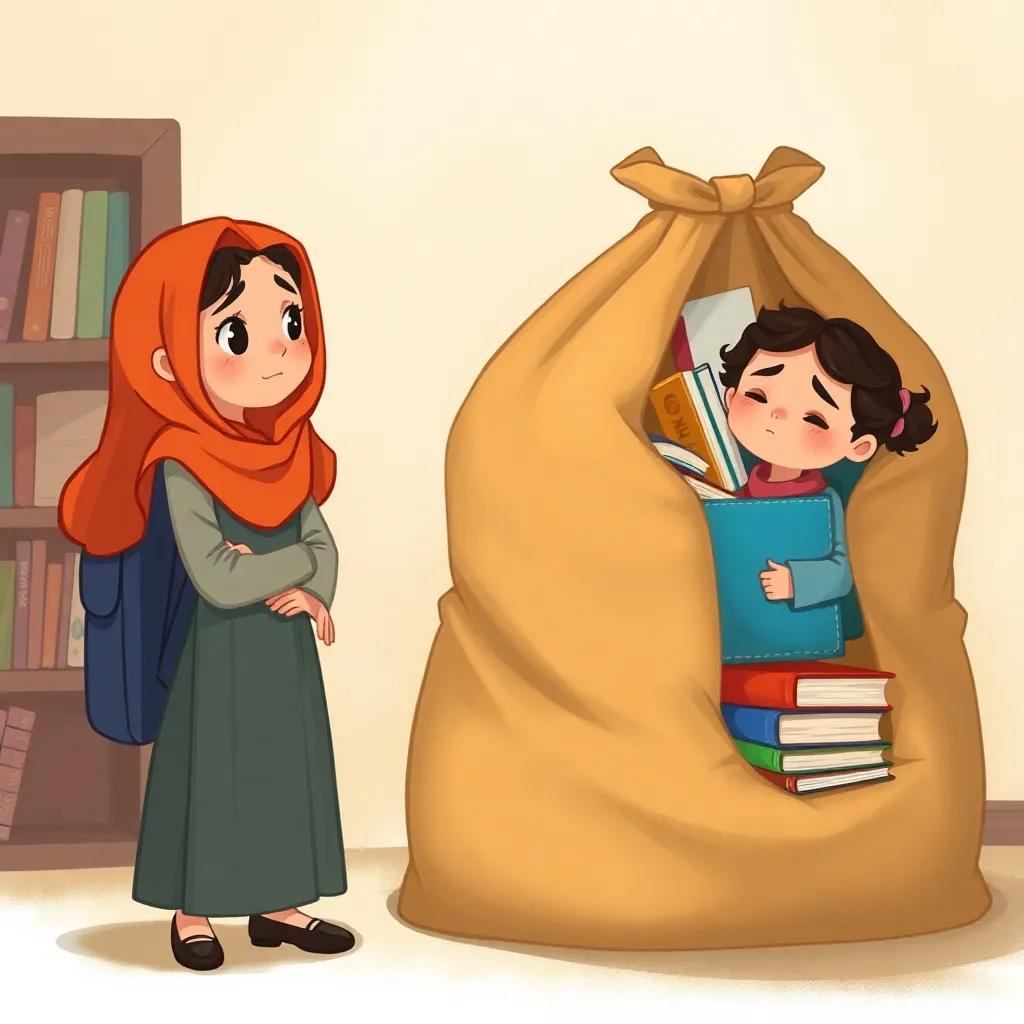 Lina approaches her friend Reem, who looks sad next to a huge, heavy bag, filled with books and projects, depicted in a friendly and caring way, digital art, warm colors, inviting atmosphere, high quality