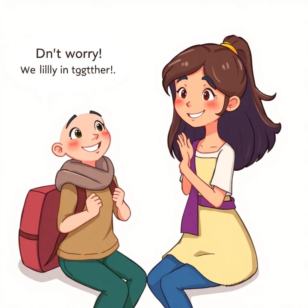 Lina smiles encouragingly as she offers help, saying, 'Don't worry! We'll carry it together,' both depicted as supportive friends, digital illustration, heartfelt moment, bright colors, high quality