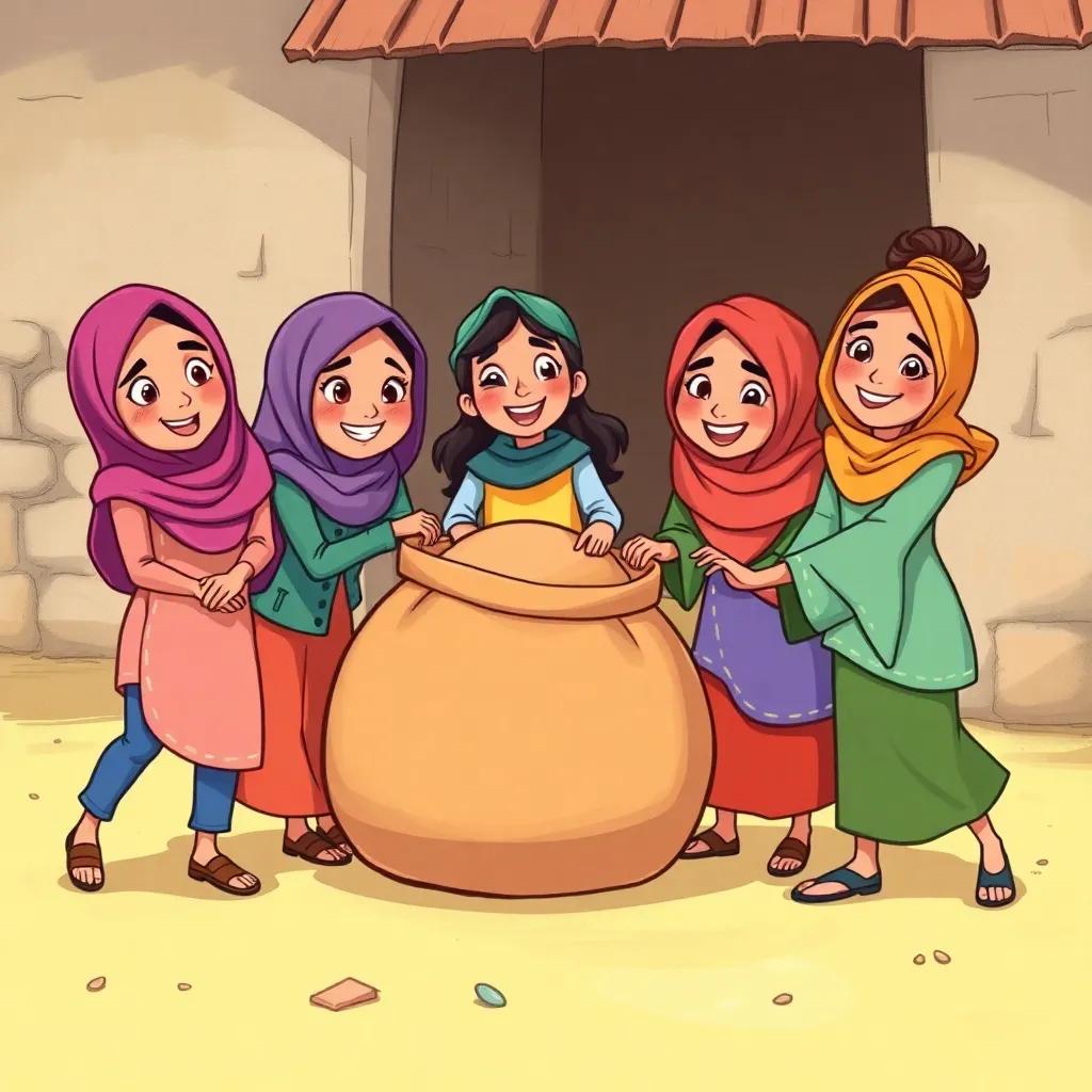 A gathering of friends, Sara, Hind, and Maha, join Lina and Reem to help with the heavy bag, working together joyfully, cheerful expressions, digital art, vibrant colors, dynamic scene, high quality