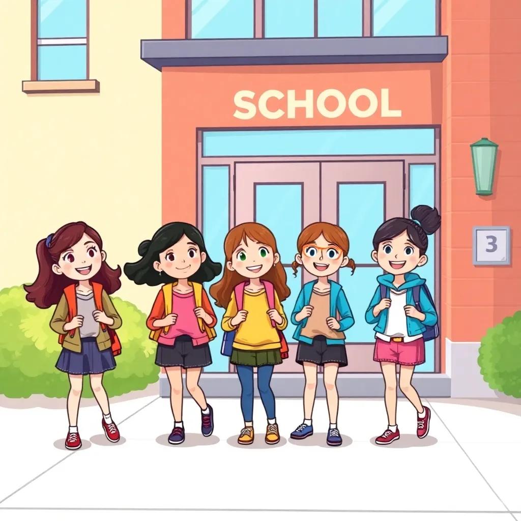 The girls arrive at school feeling accomplished, learning a valuable lesson about teamwork, all smiles in front of the school, digital illustration, bright colors, joyful atmosphere, high quality