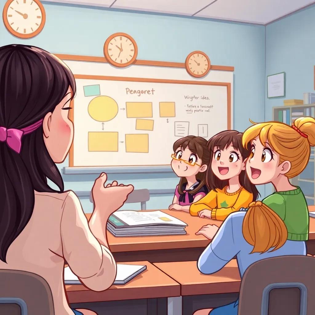 In class, the teacher explains a project idea, girls are excitedly listening, their eyes lit with inspiration, digital art, classroom setting, colorful details, high quality