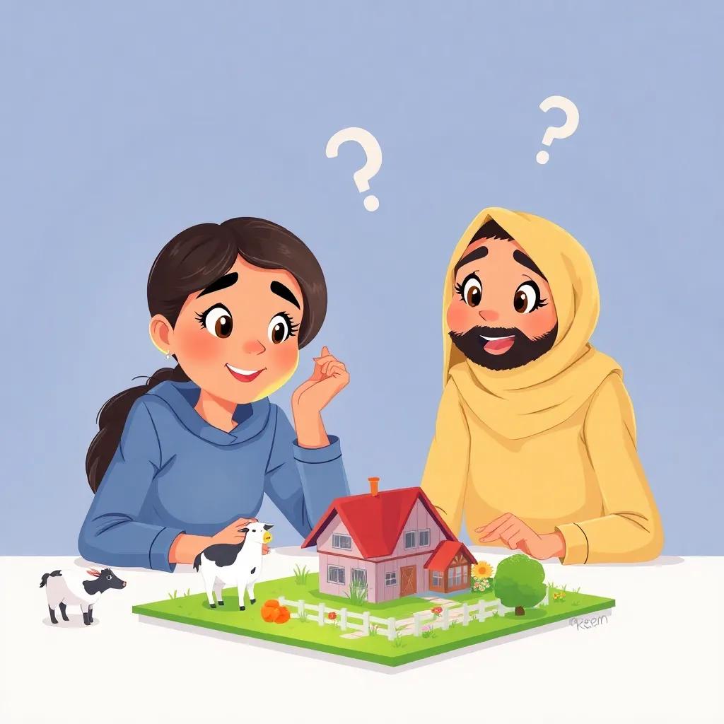 Lina and Reem brainstorm ideas together, imagining a model farm; their expressions show creativity and enthusiasm, digital illustration, bright colors, engaging atmosphere, high quality