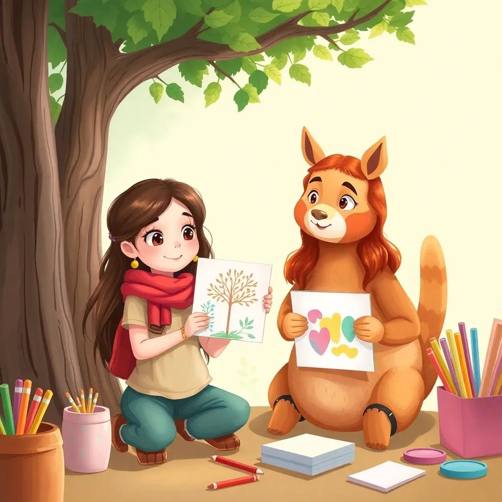 Sara showcases her tree drawings, while Hind brings colors and paper, depicted in an active and creative environment, digital art, vibrant colors, playful atmosphere, high quality