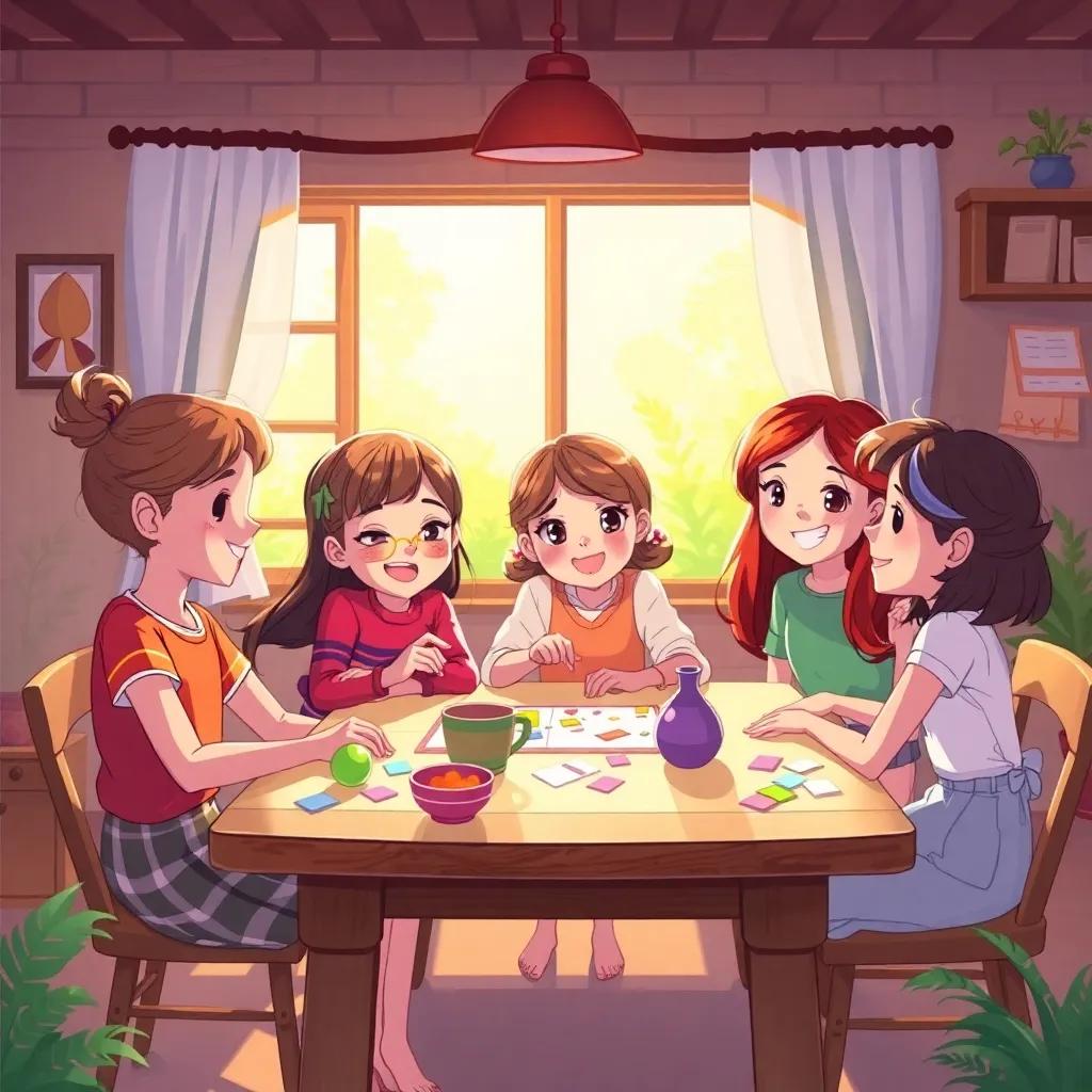 In a cozy scene at Lina's house, the girls gather around the table, focusing intently on making their project, laughter and colors surrounding them, digital art, warm sunlight, cheerful atmosphere, high quality