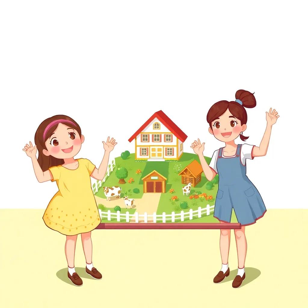The finished project reveals a beautiful model farm, the girls proud and happy, presenting it at school with cheer, digital illustration, bright and uplifting colors, high quality