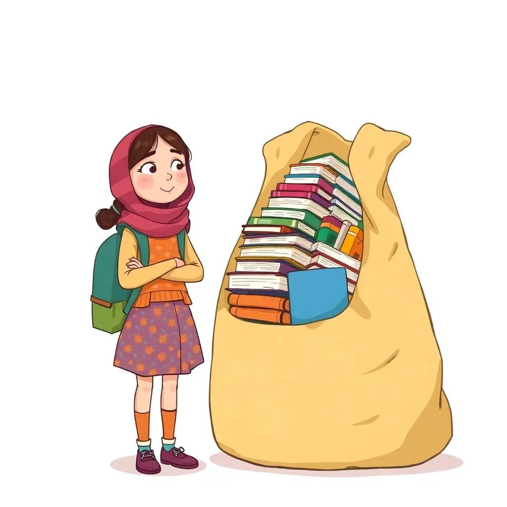 Lina talking to her friend Reem who is standing next to a very large bag filled with books, showing concern, both girls are dressed in colorful school clothes, the bag is oversized and floppy, friendly expression, warm colors