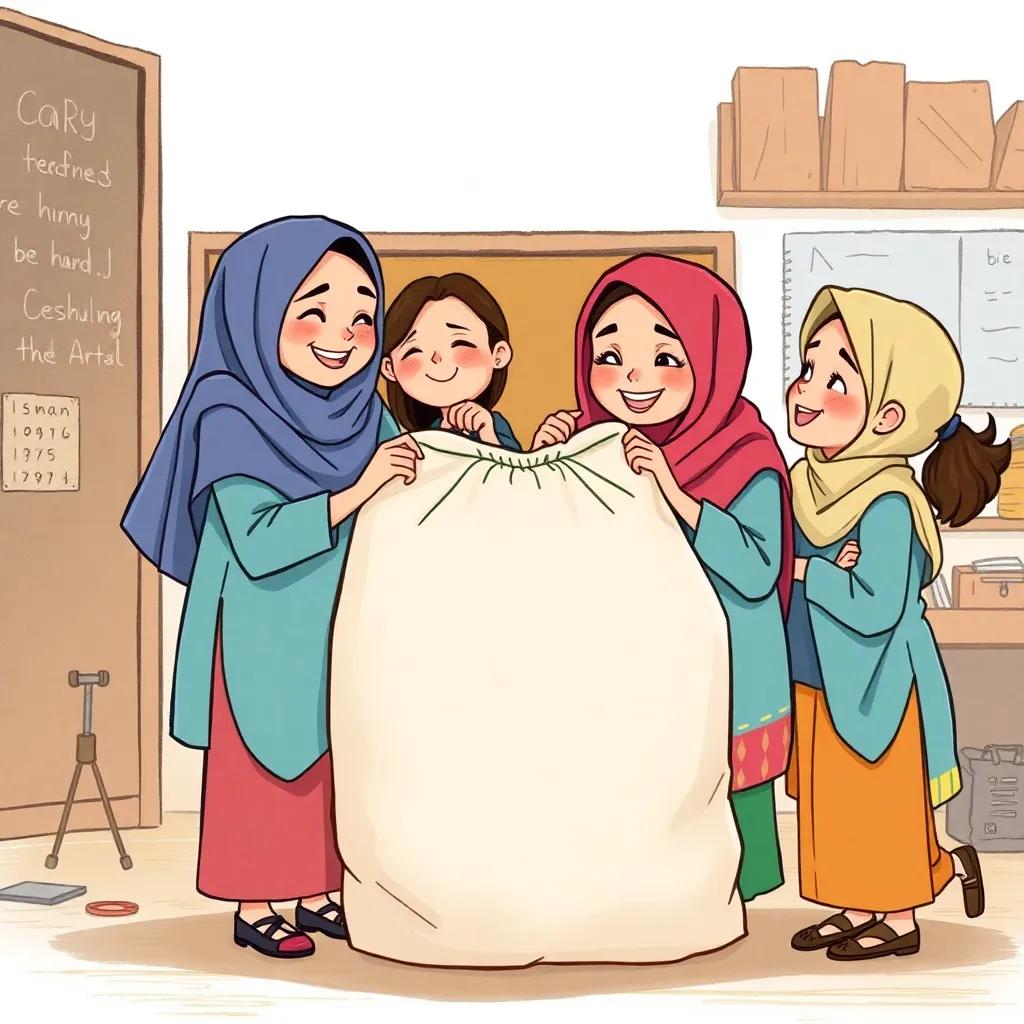 The girls in the classroom area: Sara, Hind, Maha, and Lina gathered around the big bag preparing to carry it, they are laughing and encouraging one another, digital illustration, vibrant, collaborative atmosphere