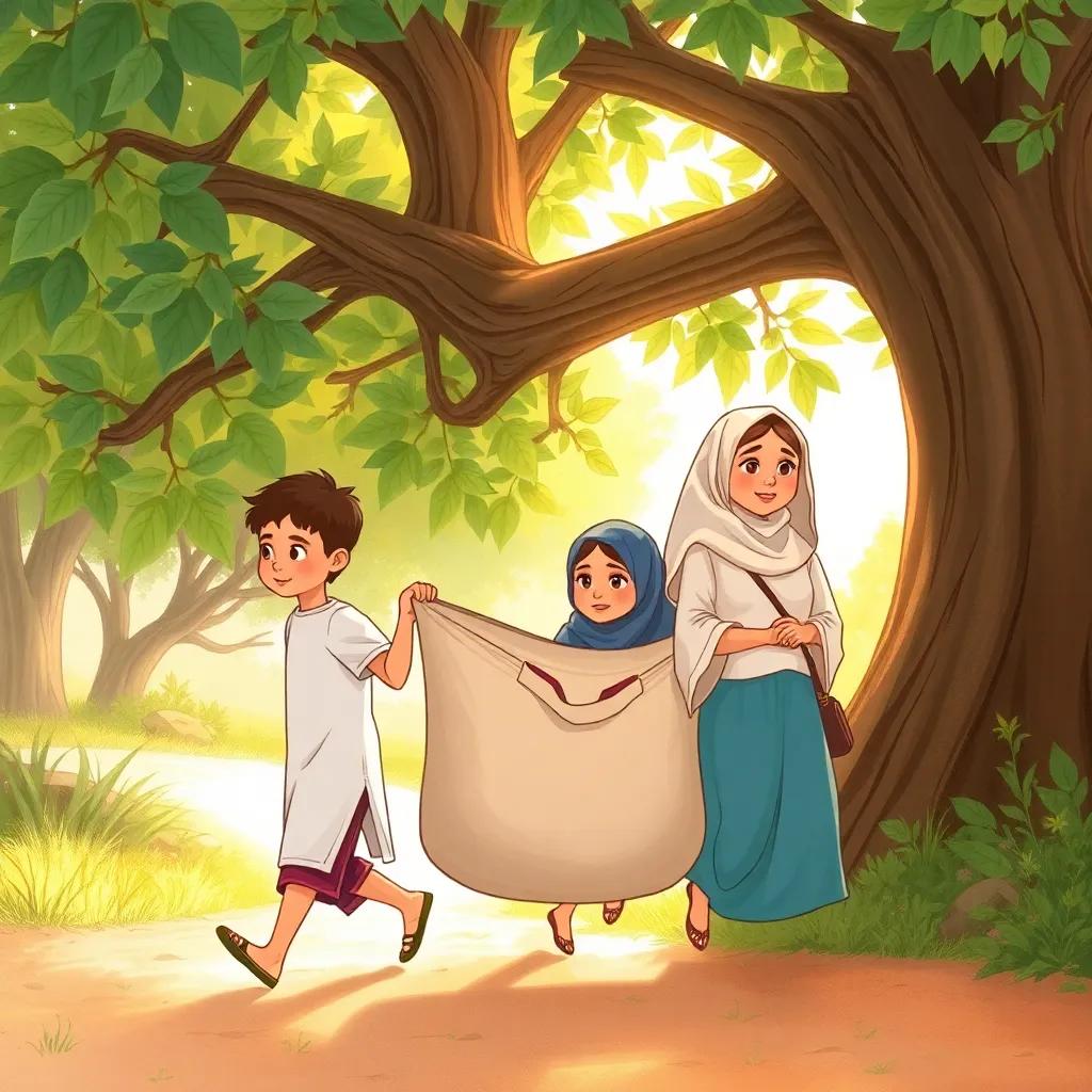 Hind holding one side of the bag while Reem and Lina carefully pass under a large tree, showing teamwork and caution, outdoor setting, warm sunlight filtering through leaves, high-quality illustration