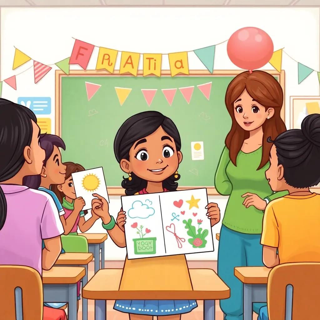 Fatima in the classroom, presenting a project with her friends, bright artwork on display, teacher looking proud, banners and cheer in the classroom, animated atmosphere, quality illustration