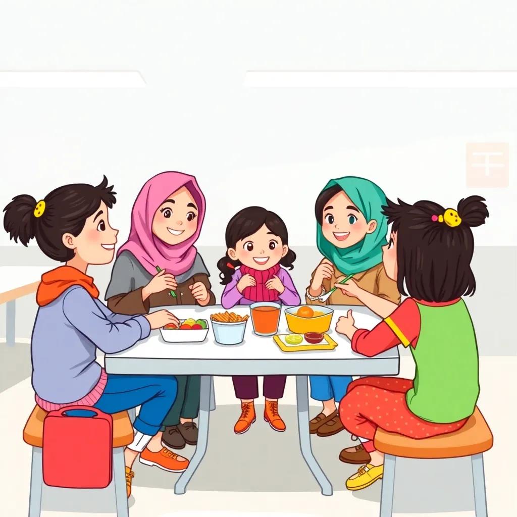 Lina, Reem, and their friends sitting together at lunch, sharing ideas and laughing, bright lunchbox colors, school canteen setting, friendly atmosphere, happy faces