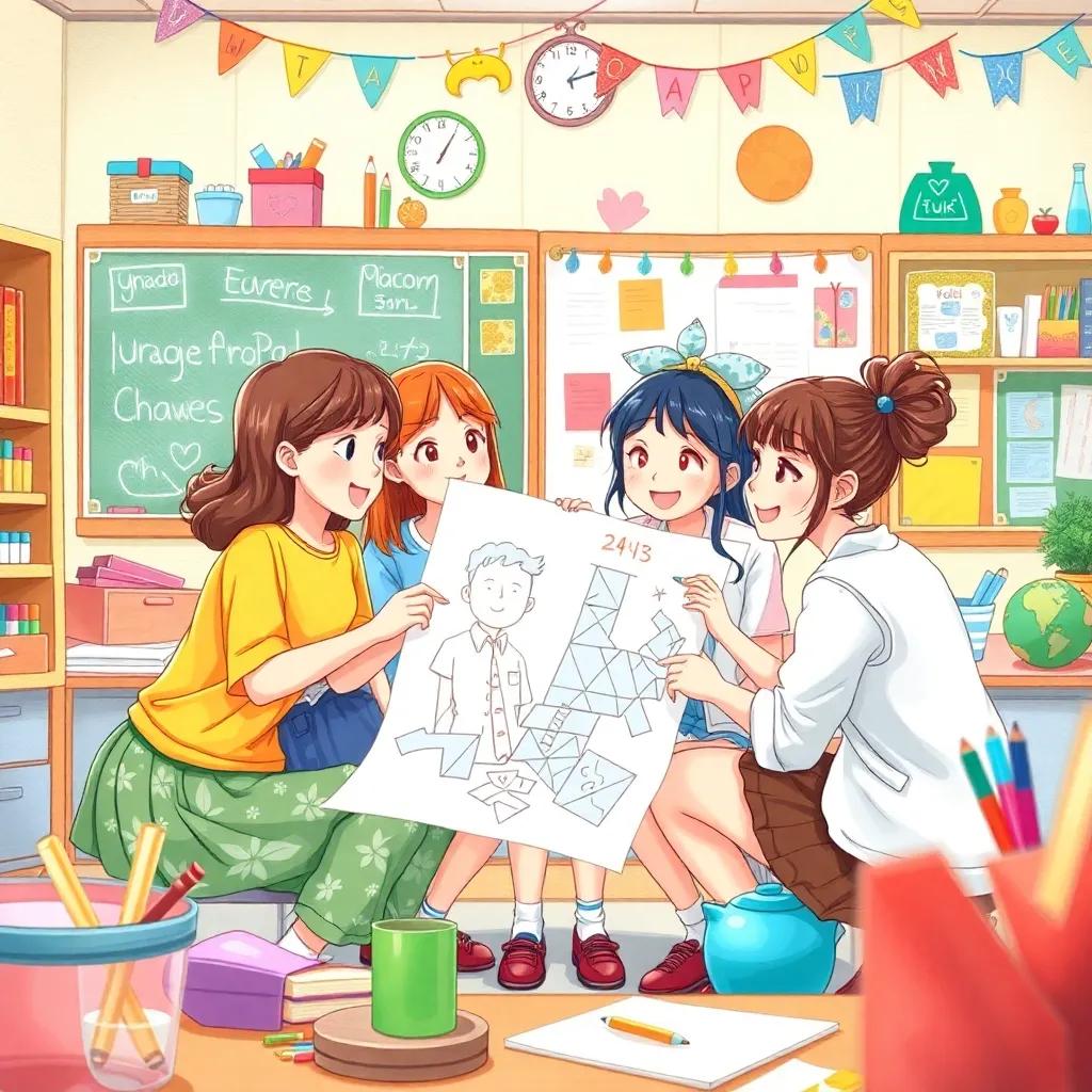 The girls discussing their next project enthusiastically, drawing plans on a big paper, creative energy around them, vibrant classroom full of colors and decorations, engaging scene, high quality
