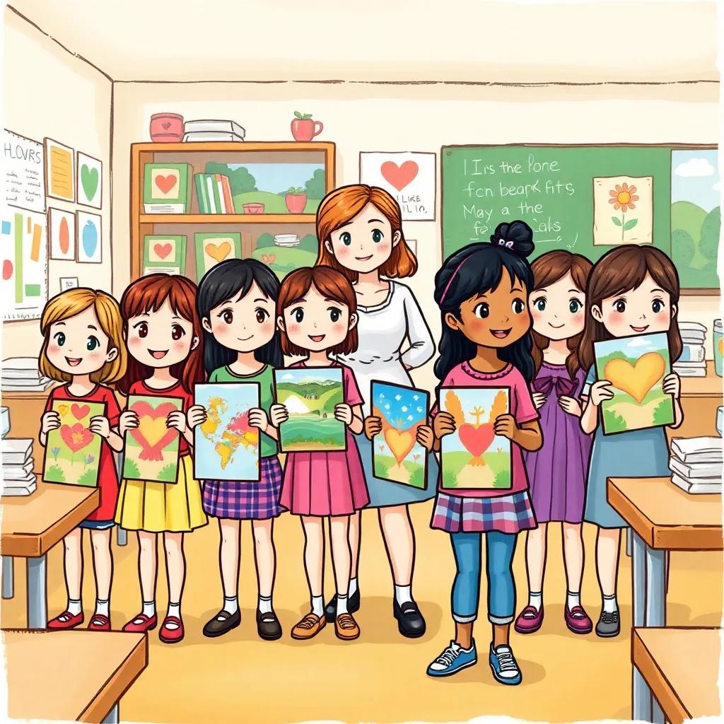All the girls lined up with their projects ready for display, teacher smiling in approval, classroom filled with appreciation, artistic expressions on their faces, warm and colorful setting