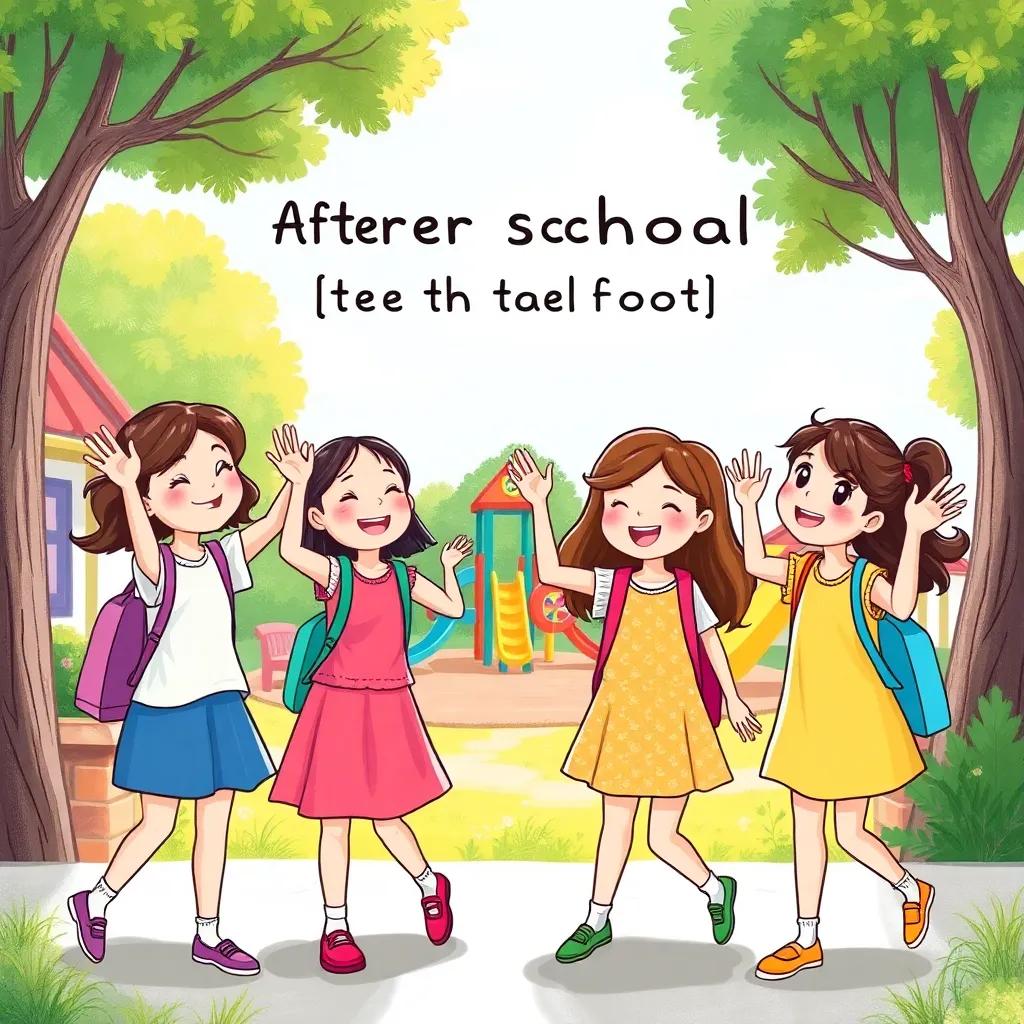 The girls waving goodbye to each other after school, happy and excited to see each other again, colorful playground in background, joyful expression, vibrant atmosphere