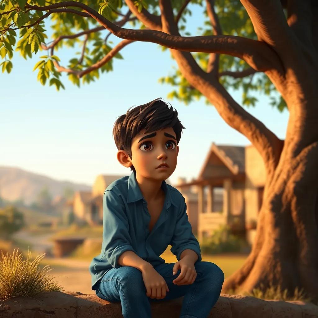 A young Arab boy, Sami, with short dark hair, wearing a blue shirt and jeans, sitting under a tree in a peaceful village, looking thoughtful and a bit sad, digital art, warm colors, serene atmosphere, high quality