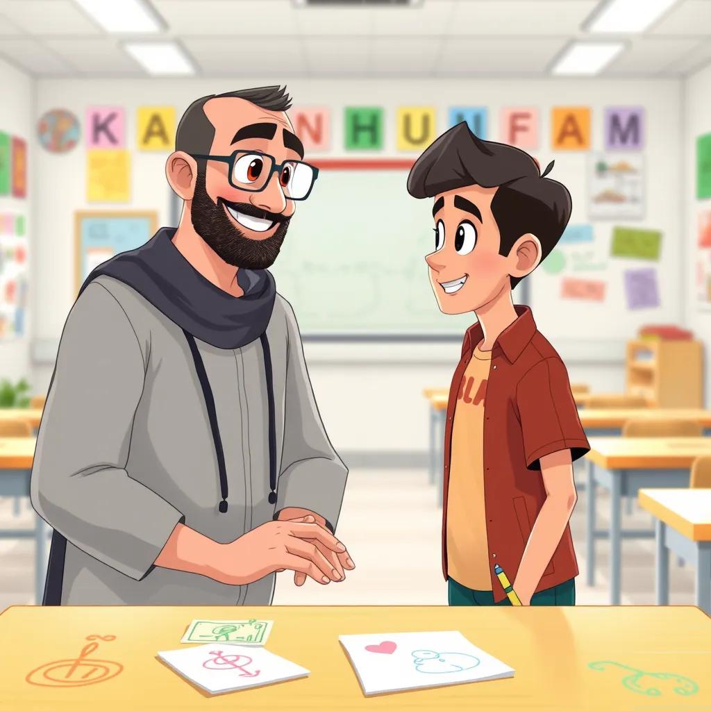 Sami talking to his teacher, a middle-aged Arab man with glasses and a kind smile, in a bright classroom filled with colorful drawings and desks, illustration, inviting, cheerful environment, high quality