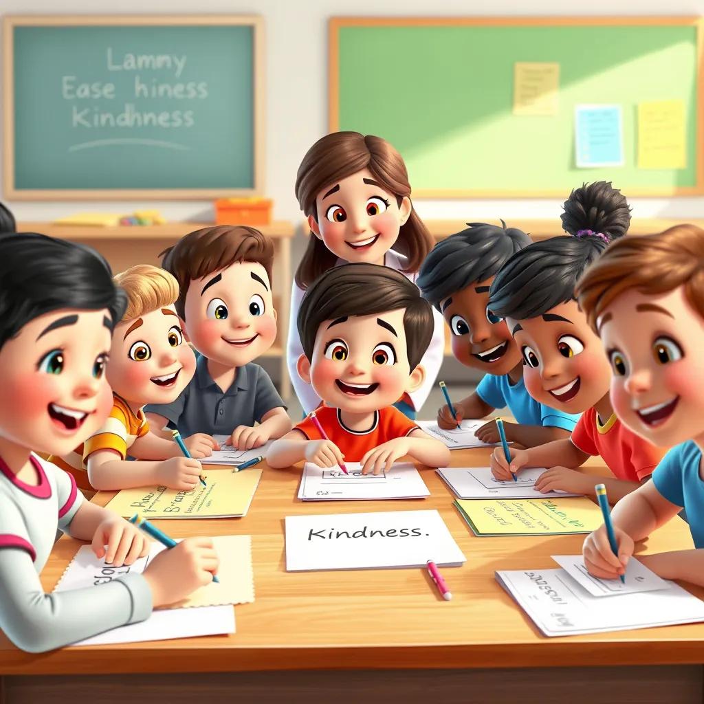 A classroom scene with children writing on colorful papers about kindness, smiling faces and engaging expressions, Sammy's supportive teacher guiding them, digital art, lively, bright colors, child-friendly, high quality