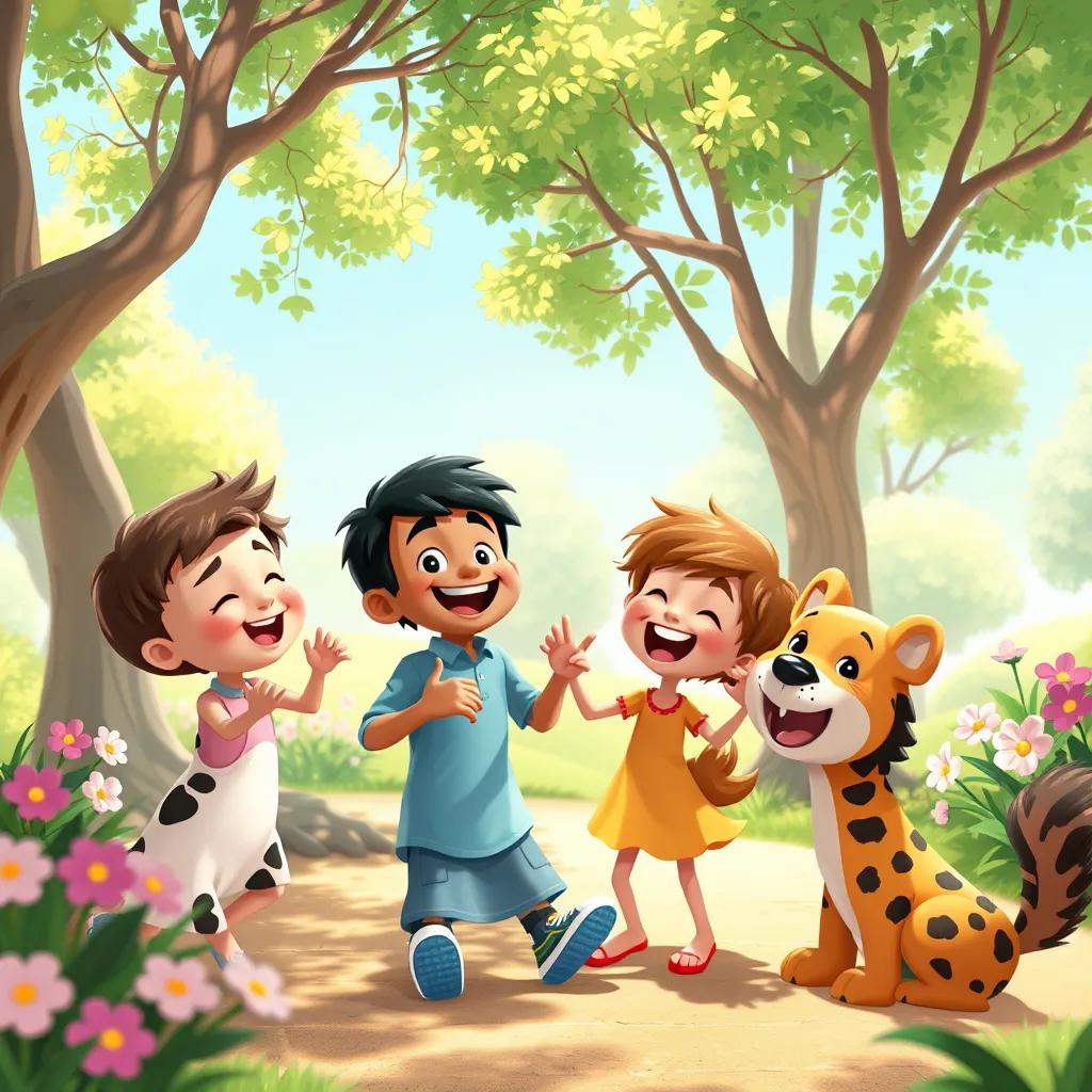 Sami and his new friends playing together joyfully in a sunny park, laughter in the air, surrounded by trees and flowers, illustration, cheerful, vibrant, friendly vibe, high quality