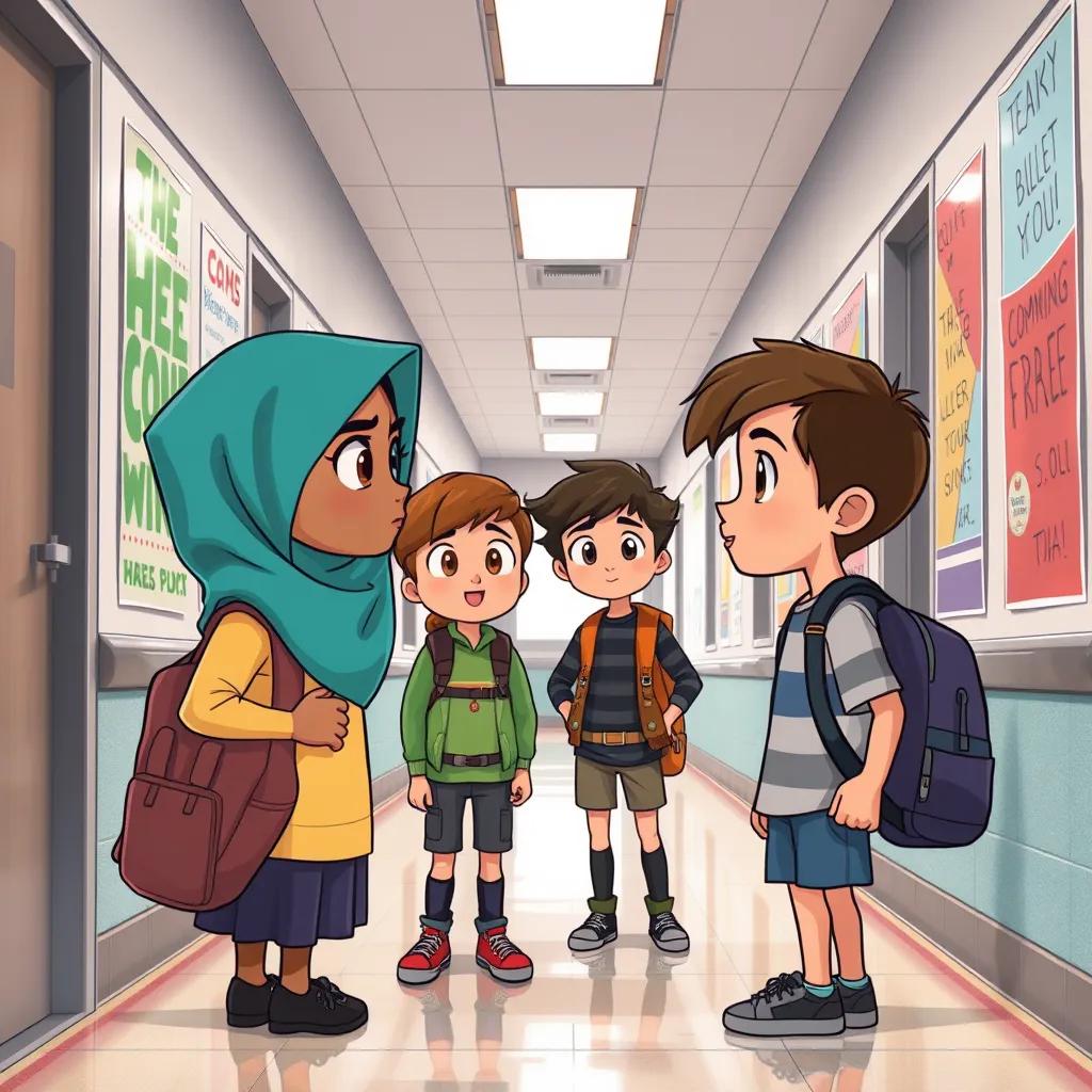 Sami courageously approaching another child being bullied, both looking determined, in a school hallway decorated with encouraging posters, illustration, positive atmosphere, high quality