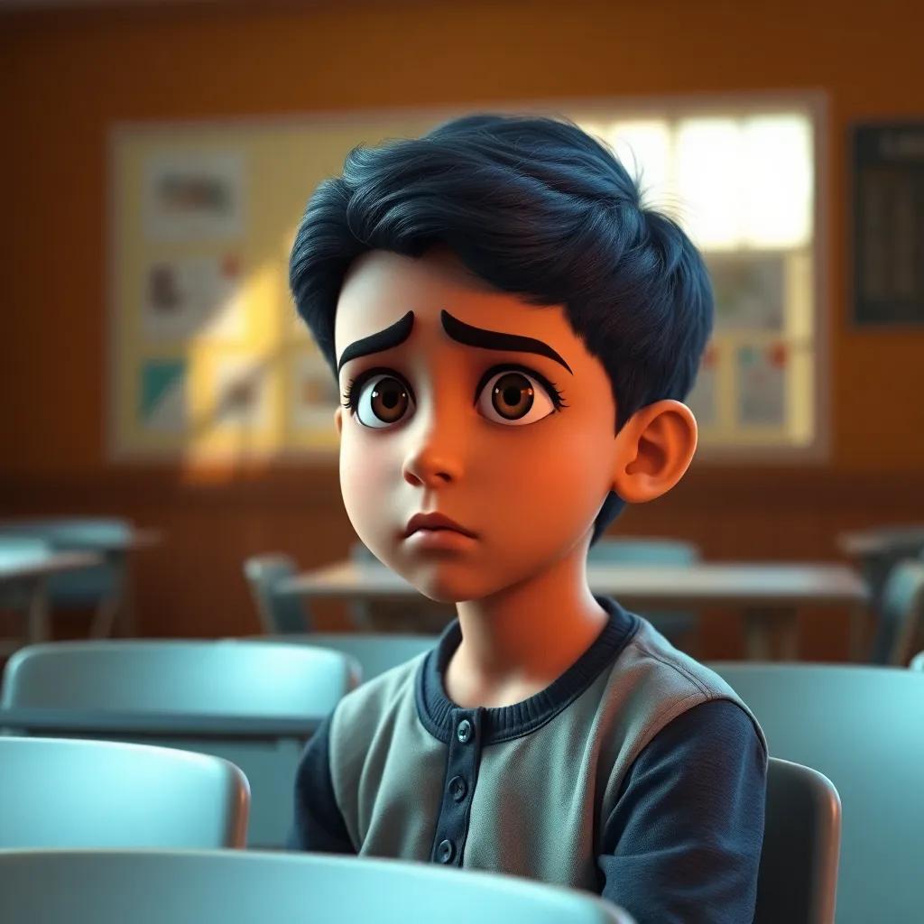 A young Arab boy, Sami, with short black hair, sitting alone in a school classroom, looking sad and worried, digital art, vibrant yet somber colors, warm light, emotional atmosphere, close-up shot, high quality