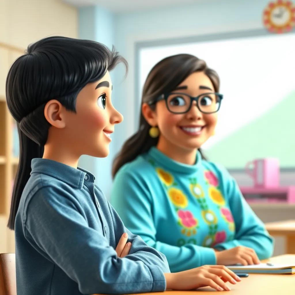 A young Arab boy, Sami, with short black hair, talking to his teacher, Fatima, a middle-aged woman with long dark hair, wearing glasses and a colorful blouse, in a bright classroom, digital art, uplifting colors, friendly atmosphere, mid-range shot, high quality