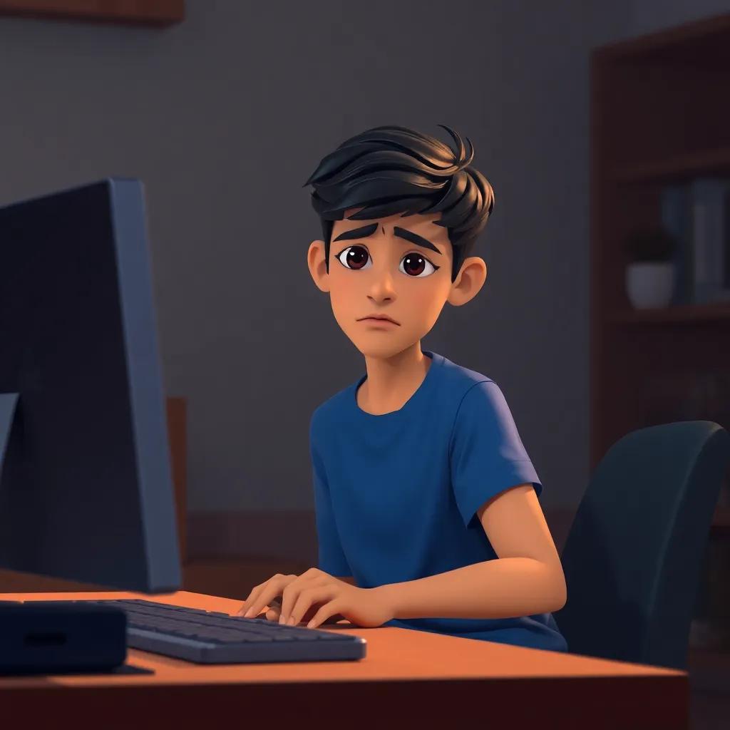 A young Arab boy, Sami, with short dark hair, wearing a blue t-shirt and jeans, looking sad while sitting alone at a computer, digital art, warm colors, inviting atmosphere, high quality