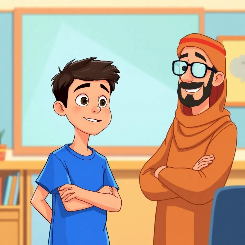A young Arab boy, Sami, with short dark hair, wearing a blue t-shirt, standing in front of his teacher, a kind Arab man with glasses, discussing online bullying, illustration, bright colors, uplifting scene, child-friendly