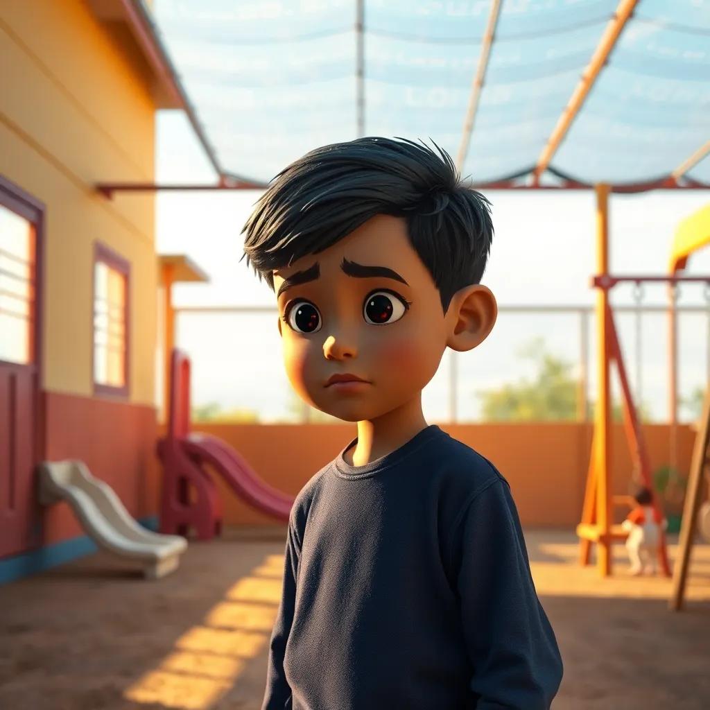 A young Arab boy, Sami, with short black hair and wearing a blue shirt and jeans, looking sad in a small school playground with a slide and swings, warm sunlight, digital art, vivid colors, emotional atmosphere, high quality