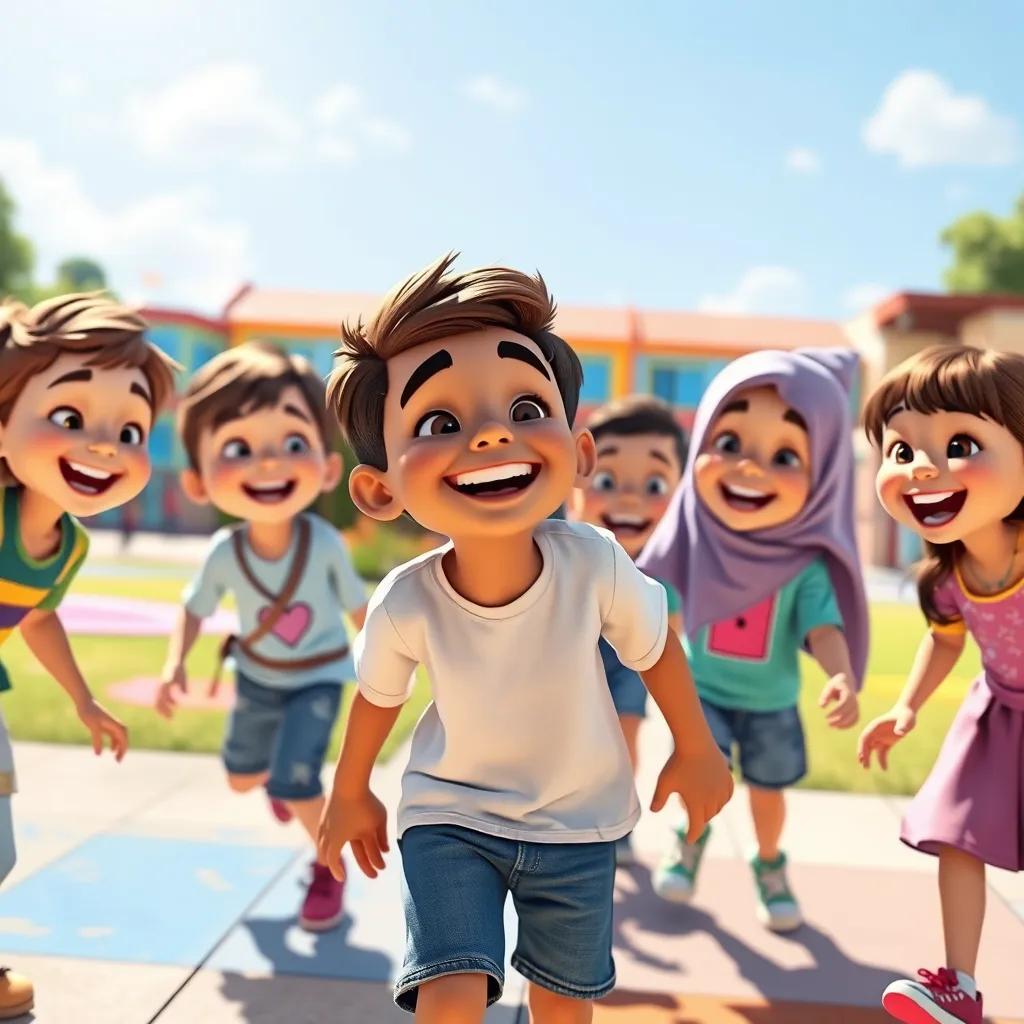 A group of children, including Sami, happily playing together after the art competition, everyone laughing and smiling, colorful school playground in the background, bright sunlight, joyful reunion, high quality.