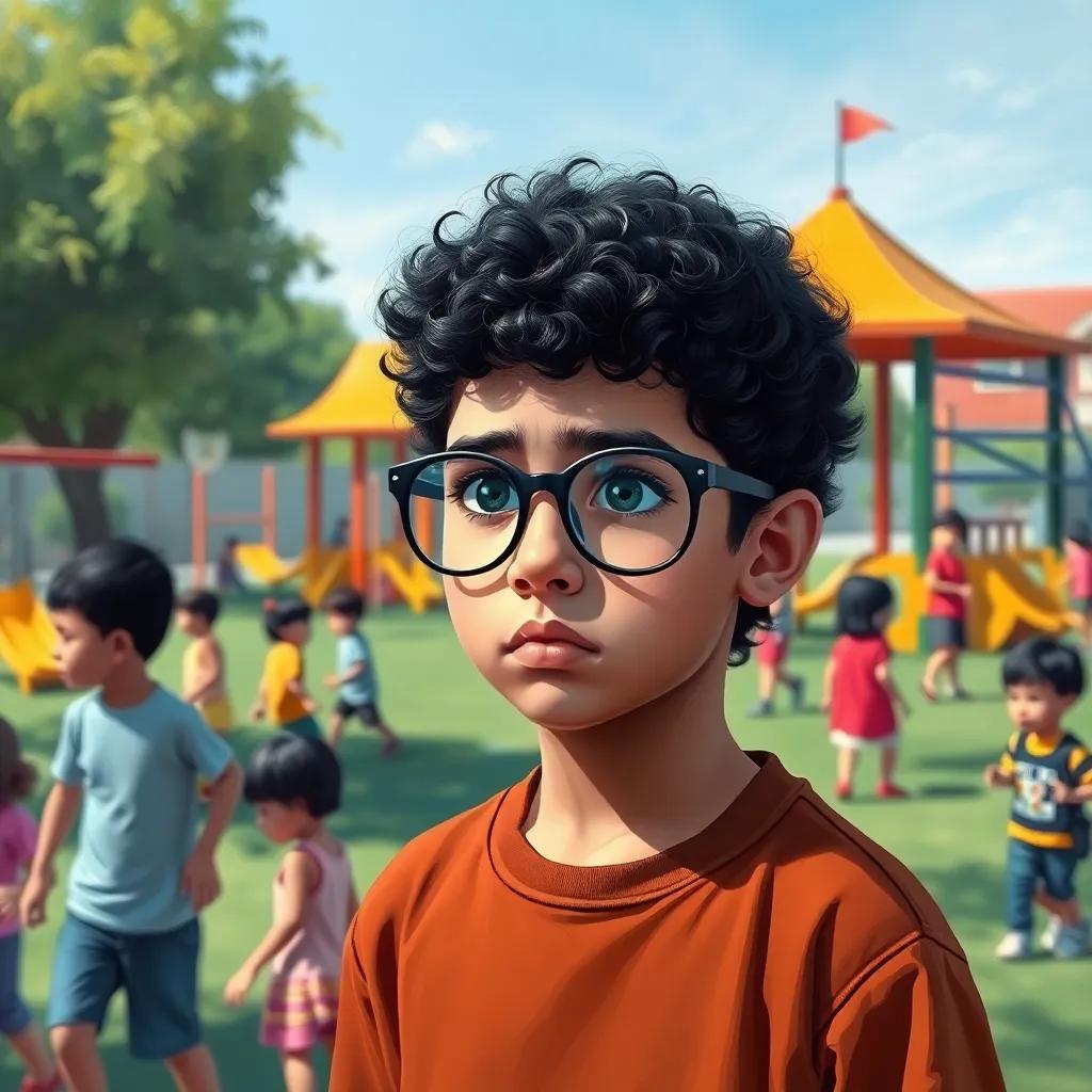 A young Arab boy, Sami, with curly black hair wearing large glasses, looking sad while standing outside a playground filled with children playing, digital art, bright colors, heartfelt atmosphere, high quality