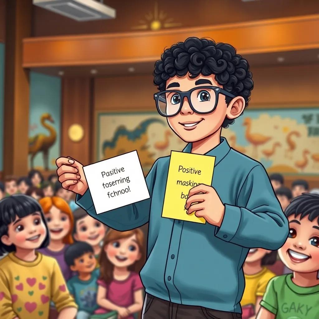 A young Arab boy, Sami, with curly black hair wearing large glasses, standing on a stage in a school auditorium, presenting colorful cards with positive messages, smiling children in the audience, illustration, colorful, uplifting, child-friendly