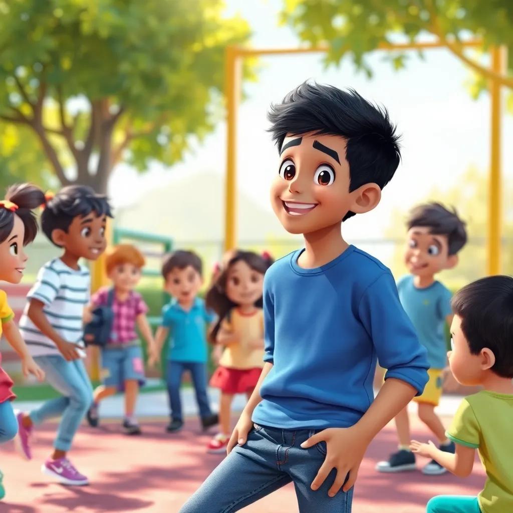 A happy playground scene with children playing, showing Zaid, a young Arab boy with short black hair, wearing a blue shirt and jeans, looking happy and inclusive, surrounded by diverse friends, bright and sunny atmosphere, cheerful and vibrant colors, digital illustration