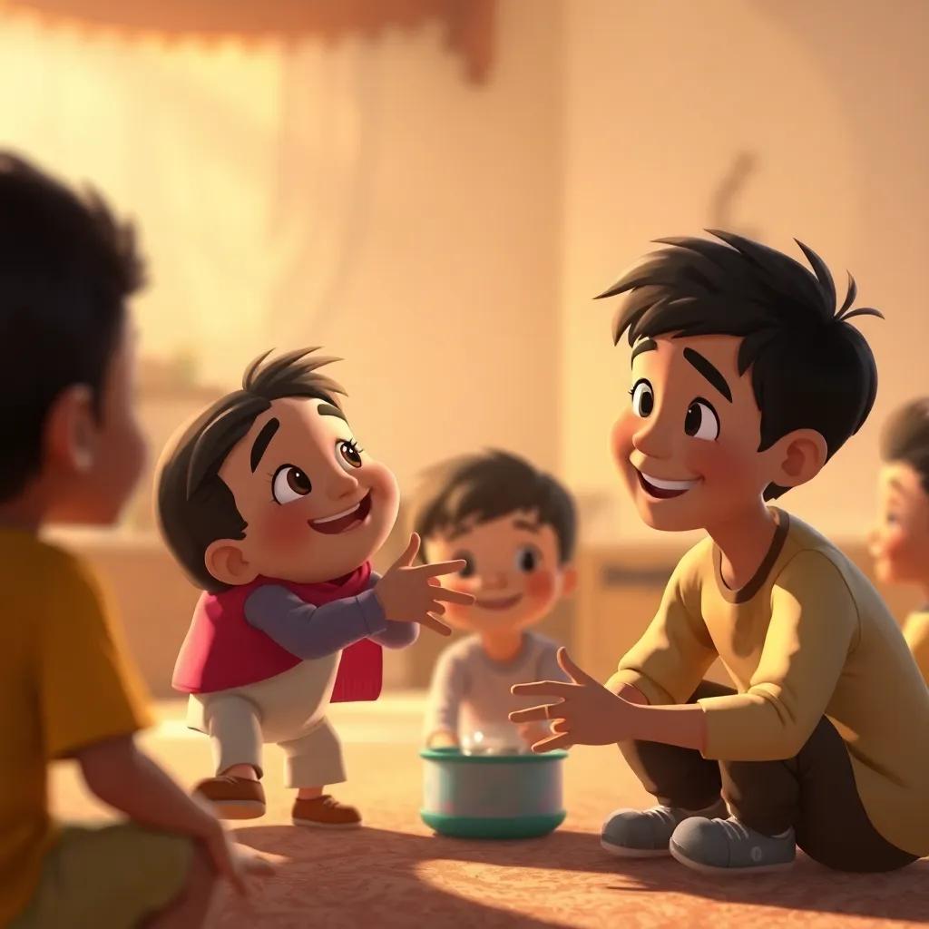 A scene of Zaid smiling and inviting Hassam to join in, with children playing together, soft lighting, warm tones, feeling of friendship and inclusion, cartoon-style art