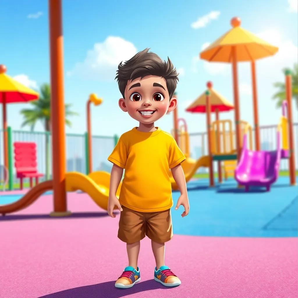 A sunny playground scene, with a boy named Ali, a cheerful Arab child, wearing a bright t-shirt and shorts, inviting his friend to play. Colorful playground equipment in the background. Digital art, vibrant colors, joyful atmosphere, high quality