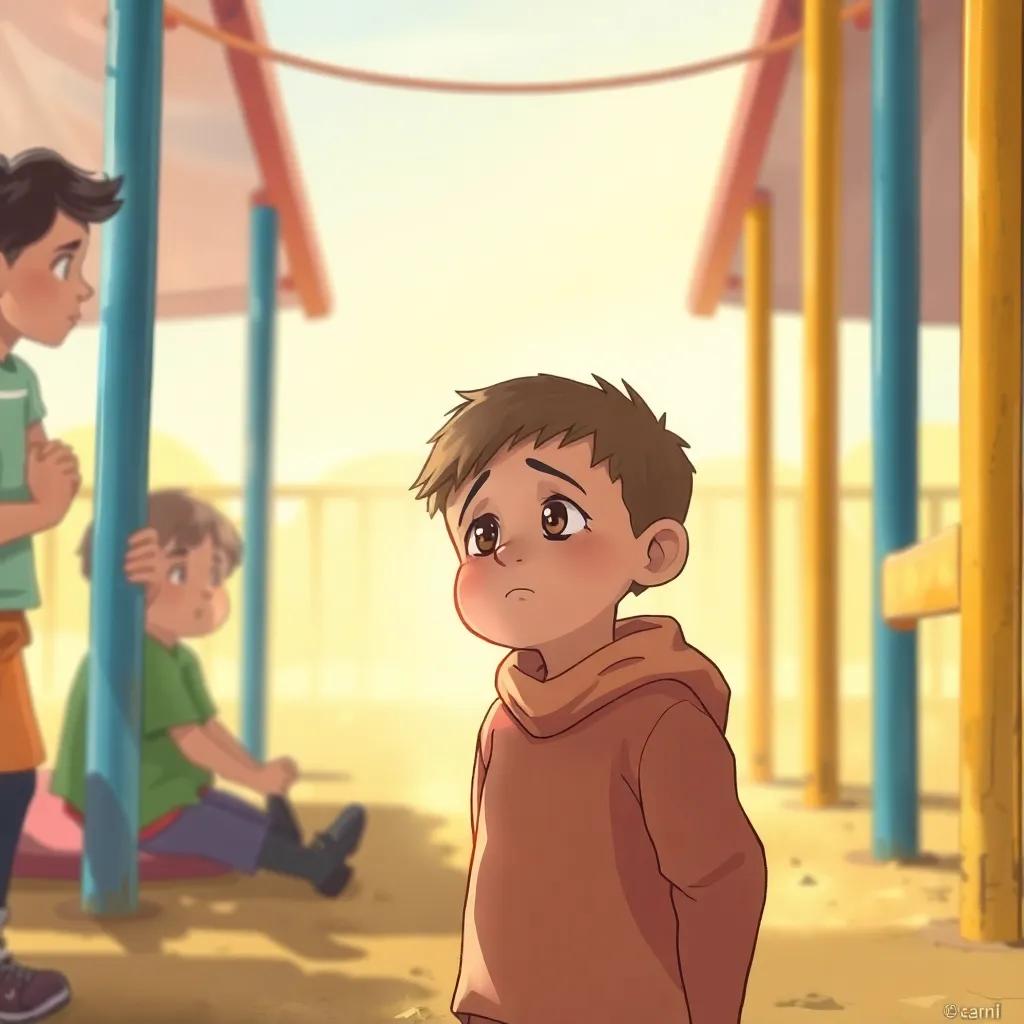 A sad boy named Sami, an Arab child with short hair, feeling alone on a playground, while some kids laugh and tease him. Soft light, warm colors, emotional perspective, detailed illustration, high quality.
