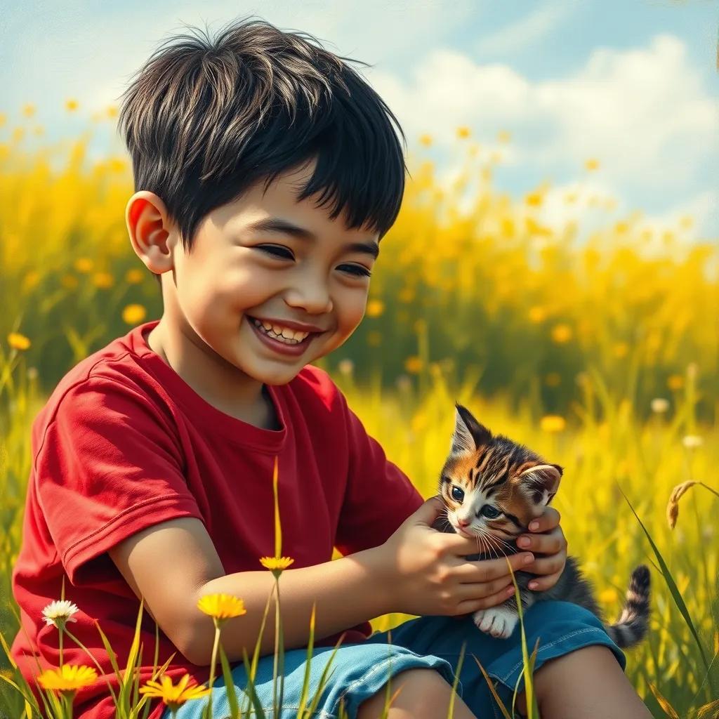 A young boy, Sami, with short black hair, wearing a bright red t-shirt and blue shorts, smiling while playing in a sunny meadow with his small kitten, Lulu, vibrant colors, cheerful atmosphere, heartwarming scene, high quality
