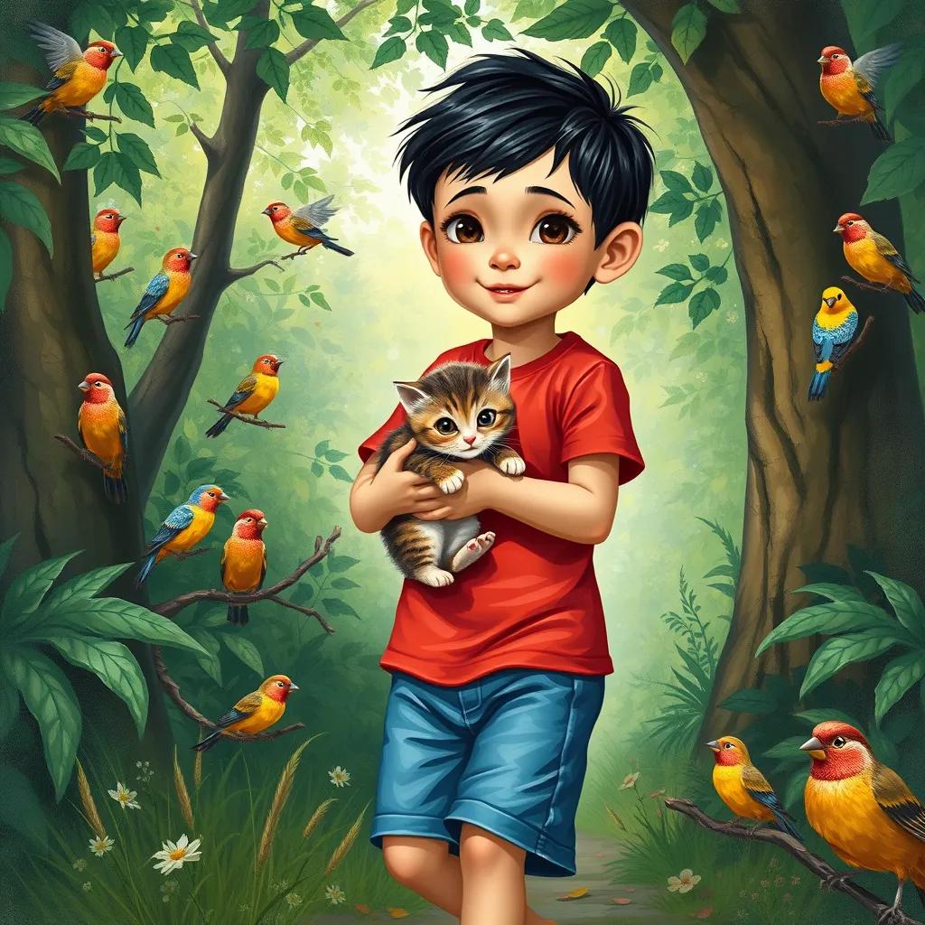 Sami, a young boy with short black hair, wearing a bright red t-shirt and blue shorts, holding Lulu, a small fluffy kitten, while walking through a lush green forest with colorful birds around them, detailed illustration, adventure, child-friendly
