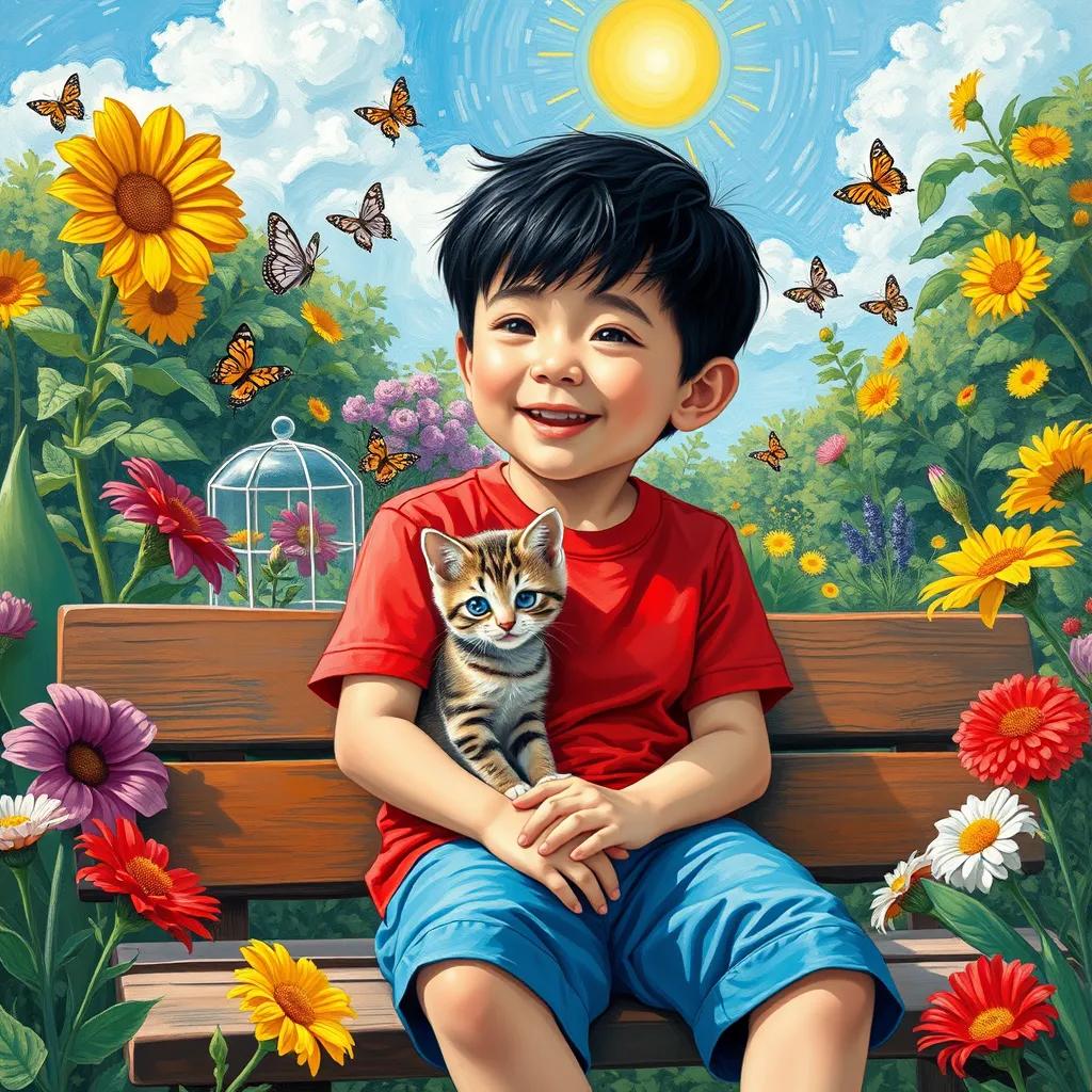 Sami, a young boy with short black hair, wearing a bright red t-shirt and blue shorts, sitting on a bench in his garden with Lulu the kitten, surrounded by flowers and butterflies, feeling joyful under a sunny sky, bright colors, uplifting imagery, high quality