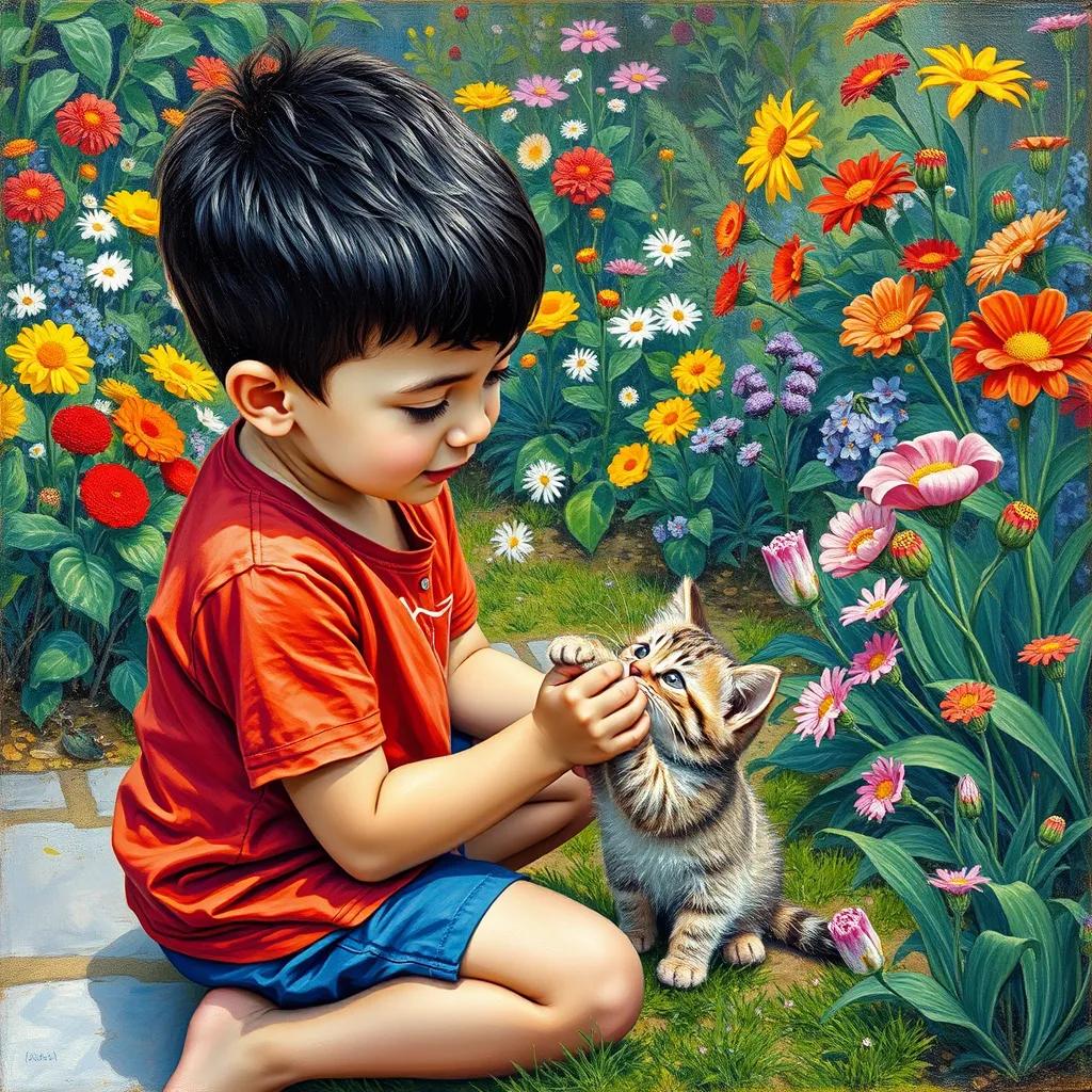 Sami, a young boy with short black hair, wearing a bright red t-shirt and blue shorts, kneeling and playing with Lulu, a small fluffy kitten, in a vibrant garden filled with flowers and greenery, playful atmosphere, heartwarming scene, detailed
