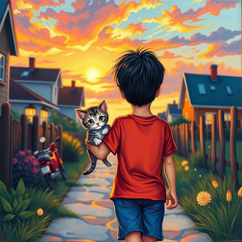 Sami, a young boy with short black hair, wearing a bright red t-shirt and blue shorts, with Lulu, a small fluffy kitten, walking home together at sunset, vibrant colors, heartwarming reunion, cheerful atmosphere, storytelling view, high quality